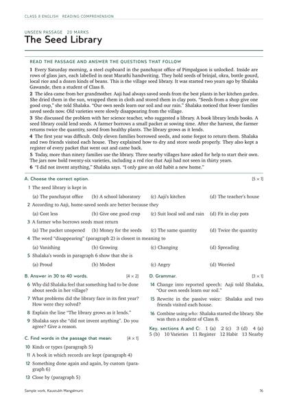 Book page: Unseen passage, Class 8 English